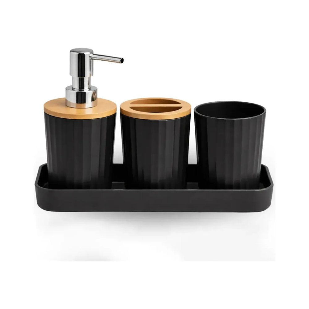 Kit Banheiro 4 Peças Bambu Organizador Lavabo Cor Preto